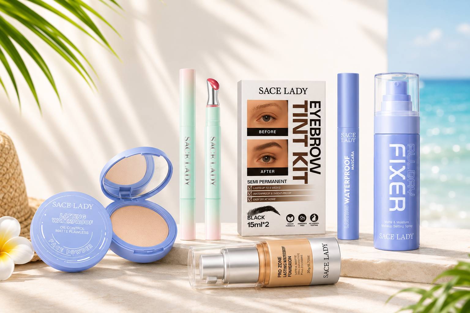 SACE LADY summer makeup routine featuring waterproof face powder, long-lasting foundation, eyebrow tint kit, waterproof mascara, lip treatment, and makeup setting spray in a tropical beach-inspired scene.