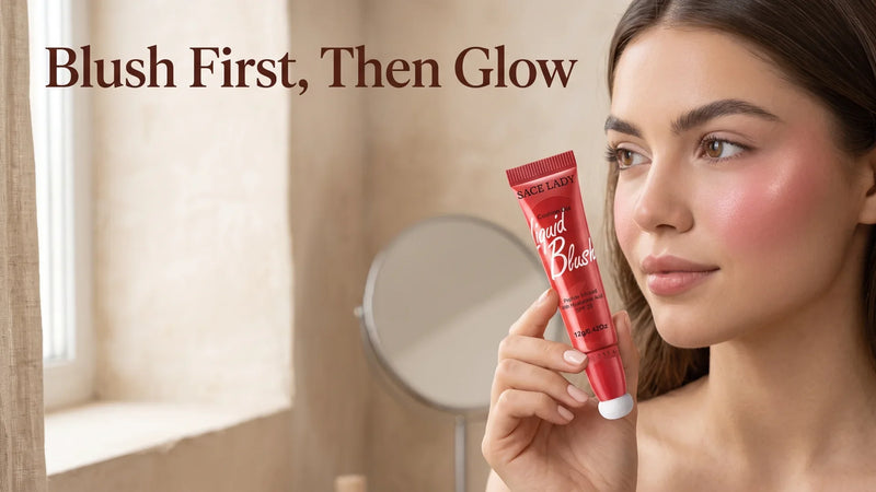 A woman beside a window holding a red liquid blush tube near her cheek, with blush on the apple of her cheek and a soft gleam on the cheekbone, and the headline text at the left.
