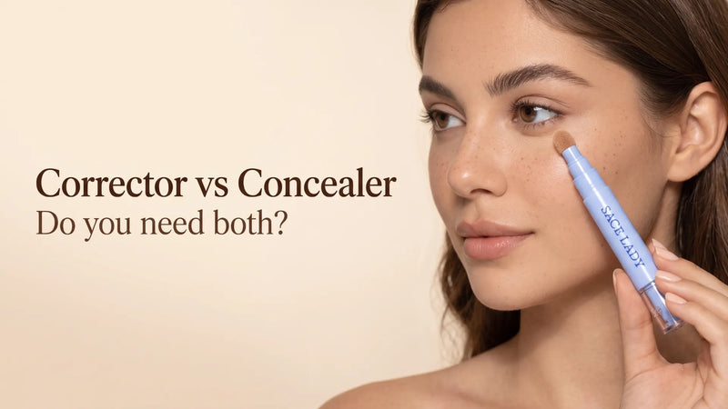 Woman holding a light periwinkle concealer stick near her under-eye against a warm ivory background, with the headline 'Corrector vs Concealer'.