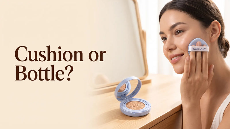 Woman applying pale blue cushion foundation with a puff at a bright vanity, with the headline Cushion or Bottle?