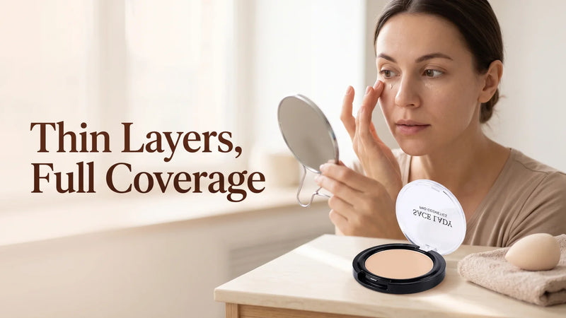 Woman pressing a small dot of SACE LADY full-coverage concealer under one eye at a bright vanity, with the open compact beside her and open space at the left for a headline.
