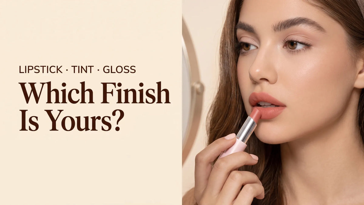 A woman applying a pink SACE LADY lipstick at a warm vanity, with editorial cover text about lipstick, tint and gloss.