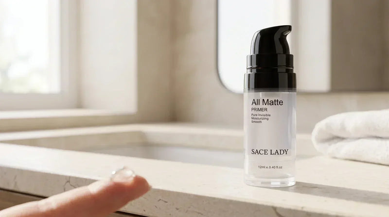 Woman dabbing a small amount of primer onto her forehead with one fingertip, the product bottle standing on the bathroom counter beside her.