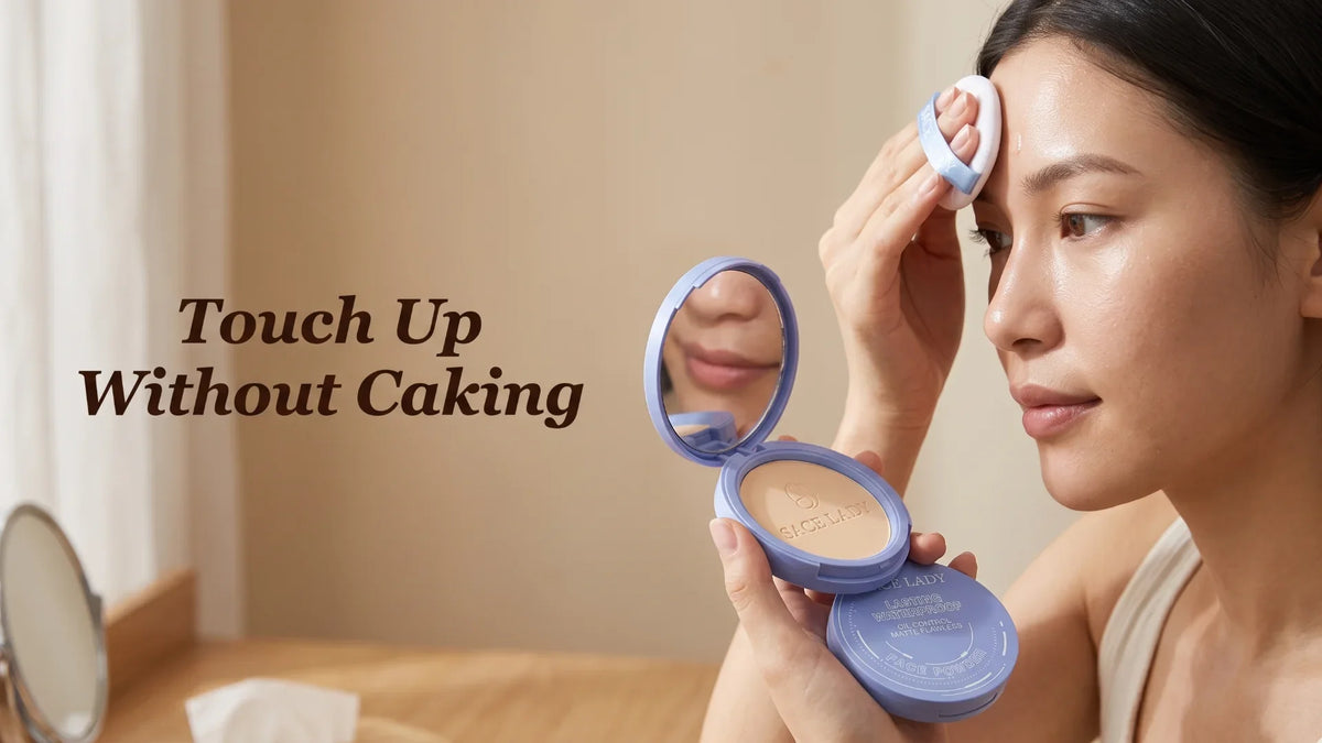 Woman pressing powder from an open periwinkle SACE LADY compact onto a small shiny spot on her forehead with a ribbon puff, in warm daylight, with a brown serif headline area on the left.
