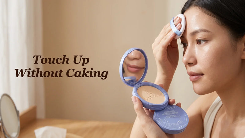 Woman pressing powder from an open periwinkle SACE LADY compact onto a small shiny spot on her forehead with a ribbon puff, in warm daylight, with a brown serif headline area on the left.