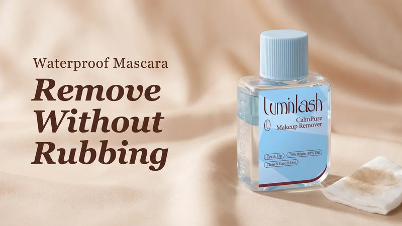 an eye and lip makeup remover bottle with a light blue cap and blue label standing on warm beige fabric beside a used cotton pad, with the words Remove Without Rubbing in serif type.