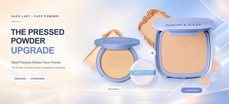 SACE LADY original round pressed powder beside the upgraded square Flawless Master Face Powder.