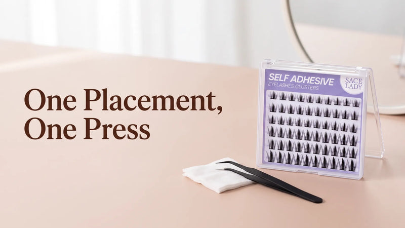 Self-adhesive lash cluster tray and tweezers on a warm vanity surface, with the headline One Placement, One Press.