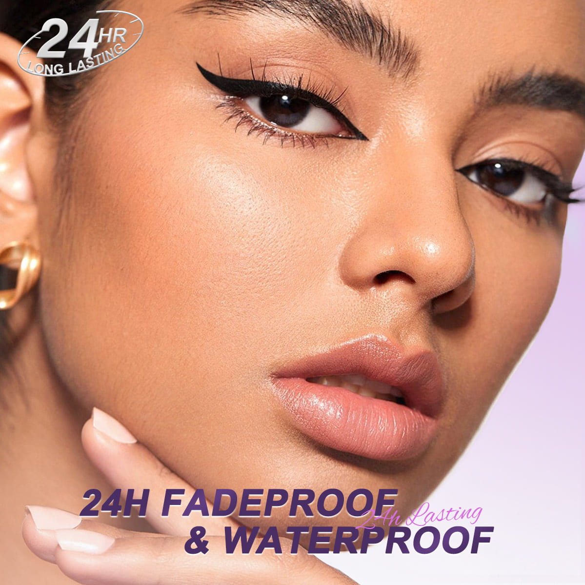 Model wearing sharp black winged eyeliner in a SACE LADY eyeliner product graphic