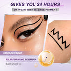 SACE LADY eyeliner graphic showing a double-wing look, water droplets and black line swatches
