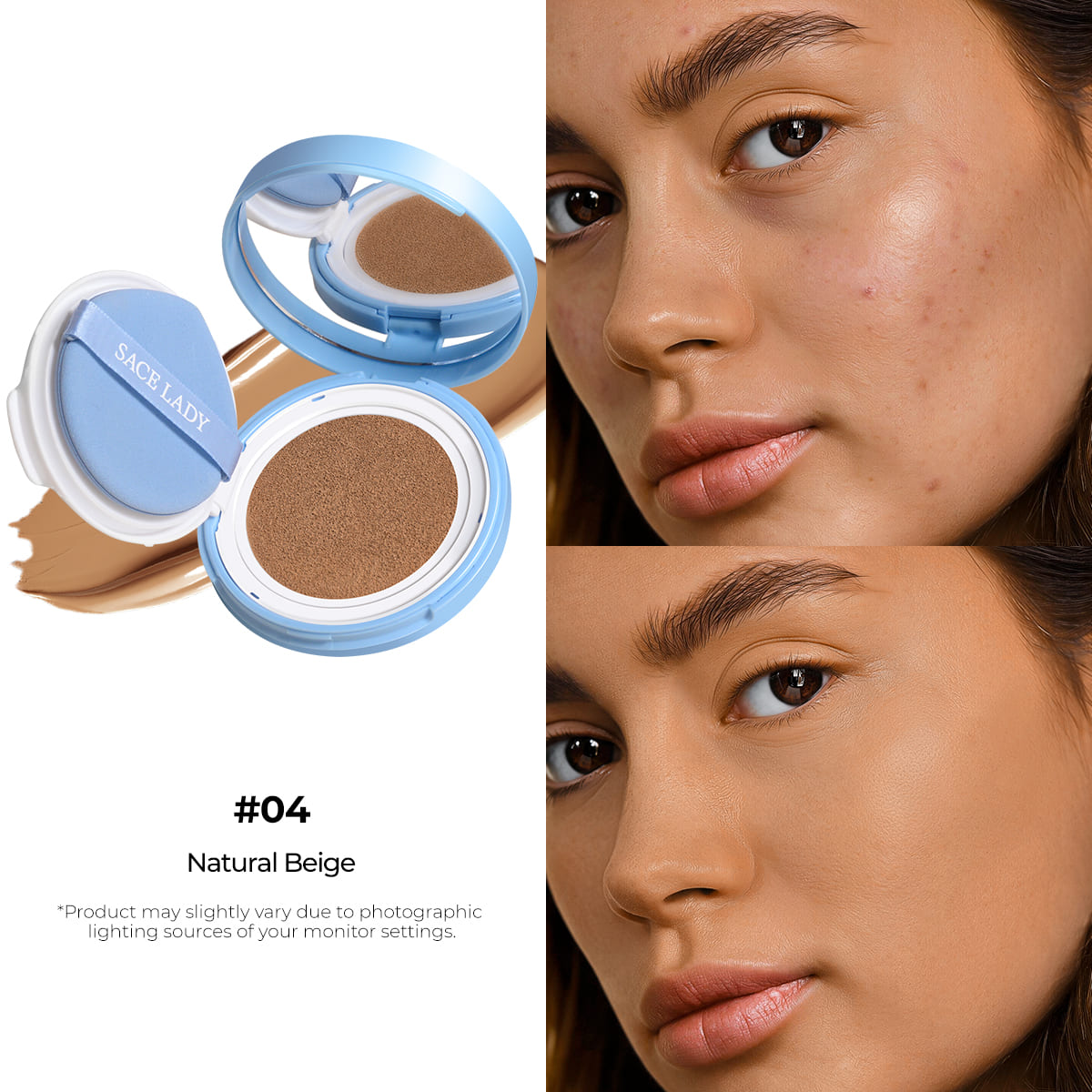 SACE LADY BB Cushion shade 04 Natural Beige with before-and-after model
