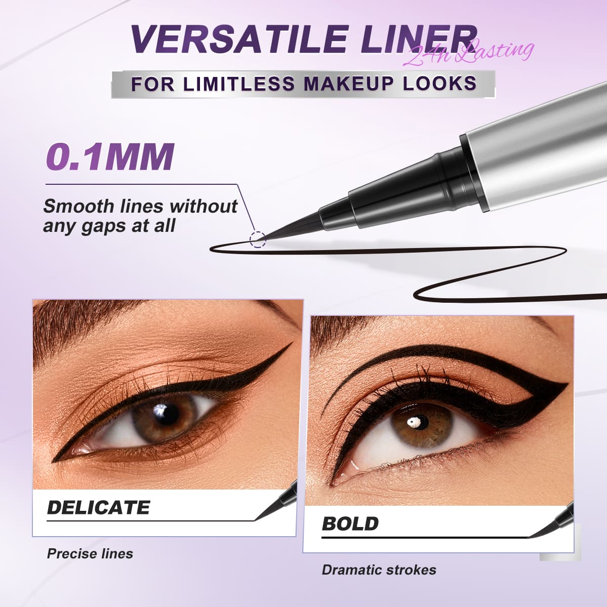 SACE LADY fine-tip eyeliner close-up with delicate and bold winged eye looks