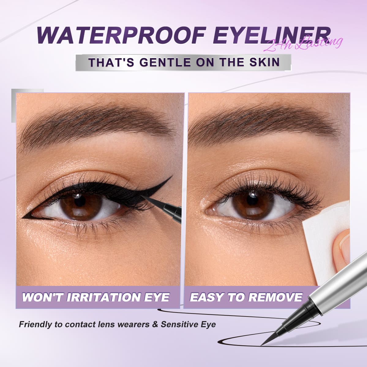 SACE LADY Lasting Waterproof Eyeliner graphic showing a winged eye and makeup removal