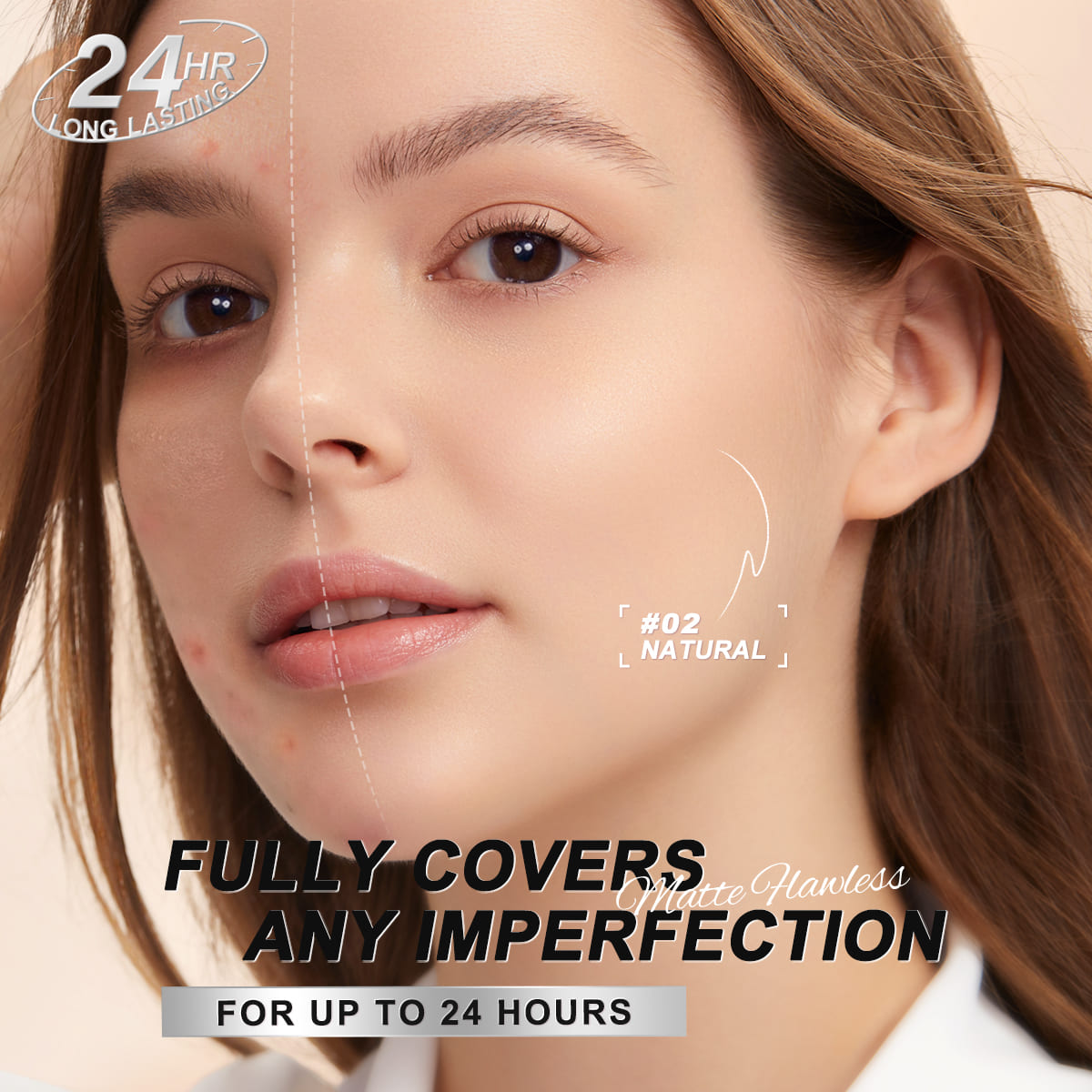 Model wearing SACE LADY 24HR Full Coverage Concealer in Natural with a face coverage comparison