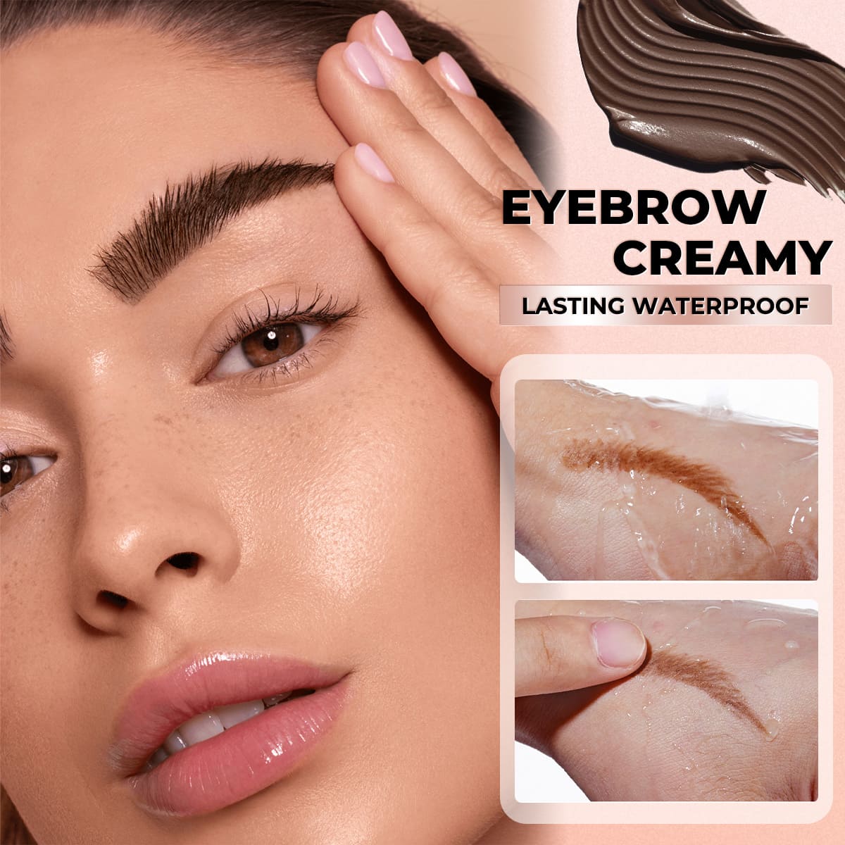 Model with defined brows beside SACE LADY eyebrow cream wear demonstrations