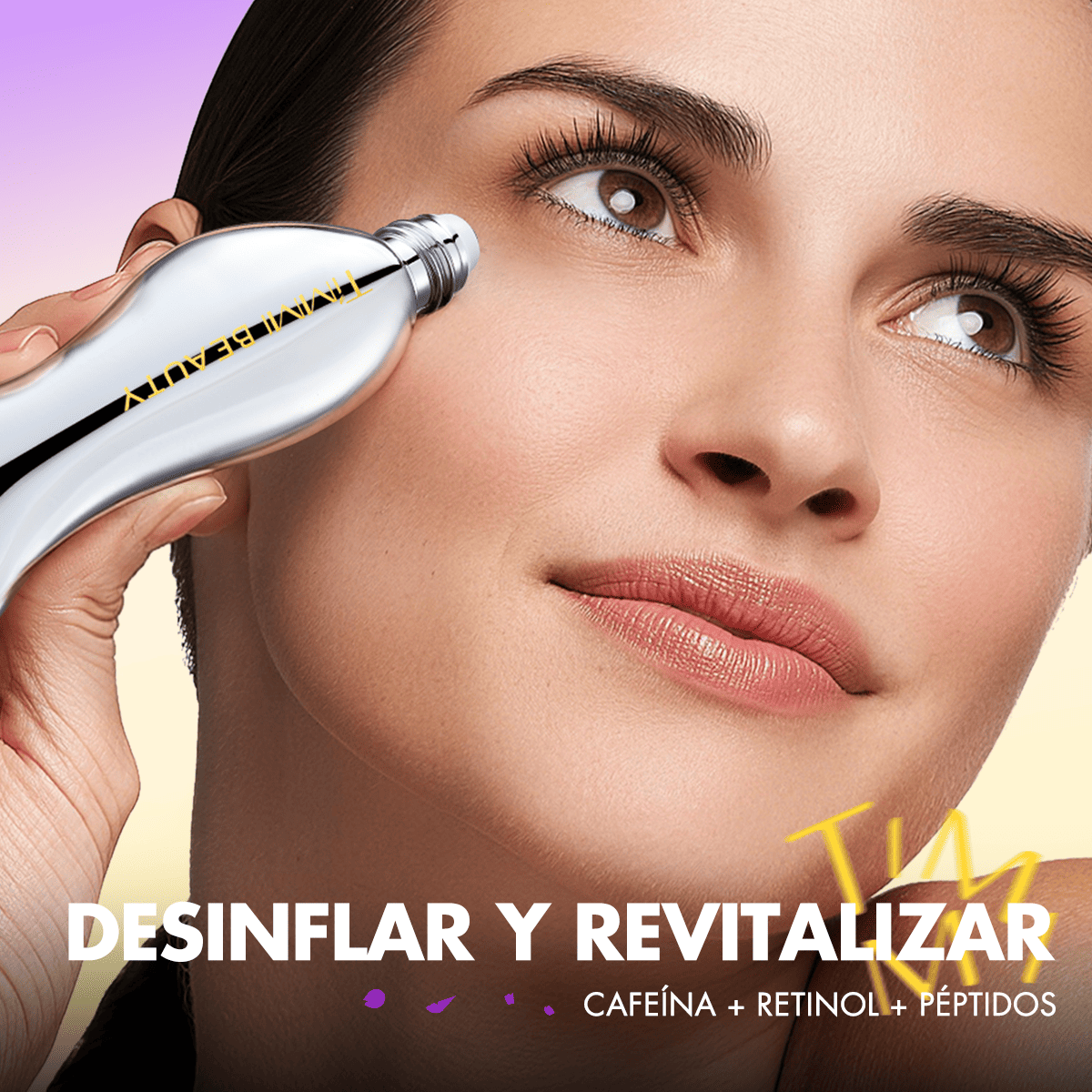 Model applying TIMMI Beauty Gua Sha Eye Serum with the cooling rollerball