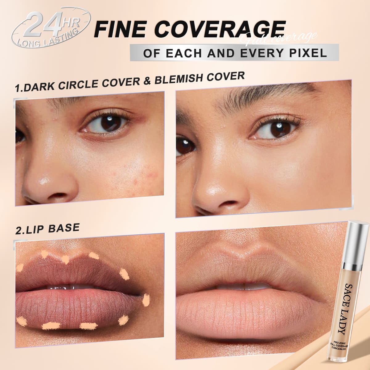 SACE LADY 24HR Full Coverage Concealer before-and-after demonstrations on under-eyes and lips