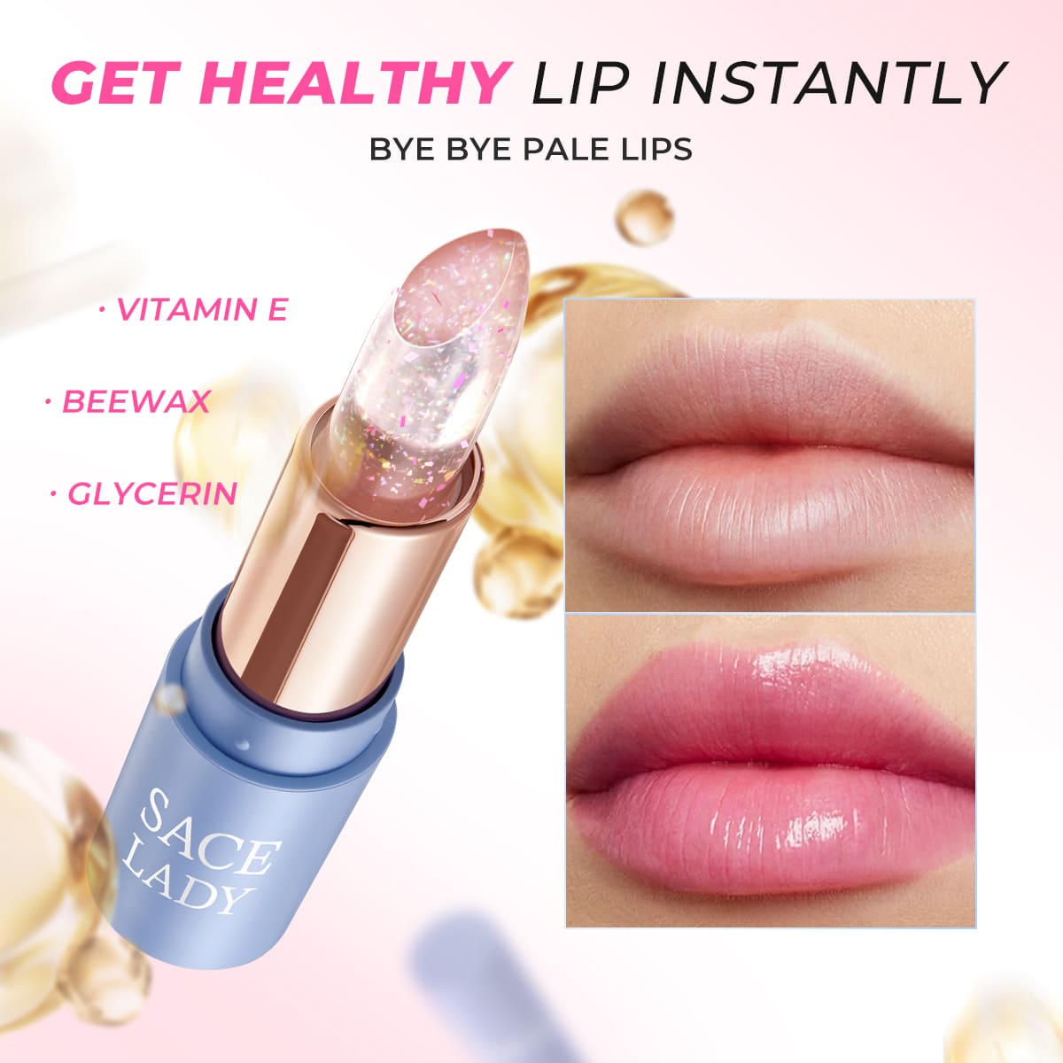 SACE LADY tinted lip balm with a pink bullet and bare versus tinted lip close-ups