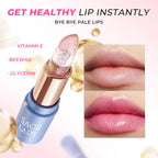 SACE LADY tinted lip balm with a pink bullet and bare versus tinted lip close-ups