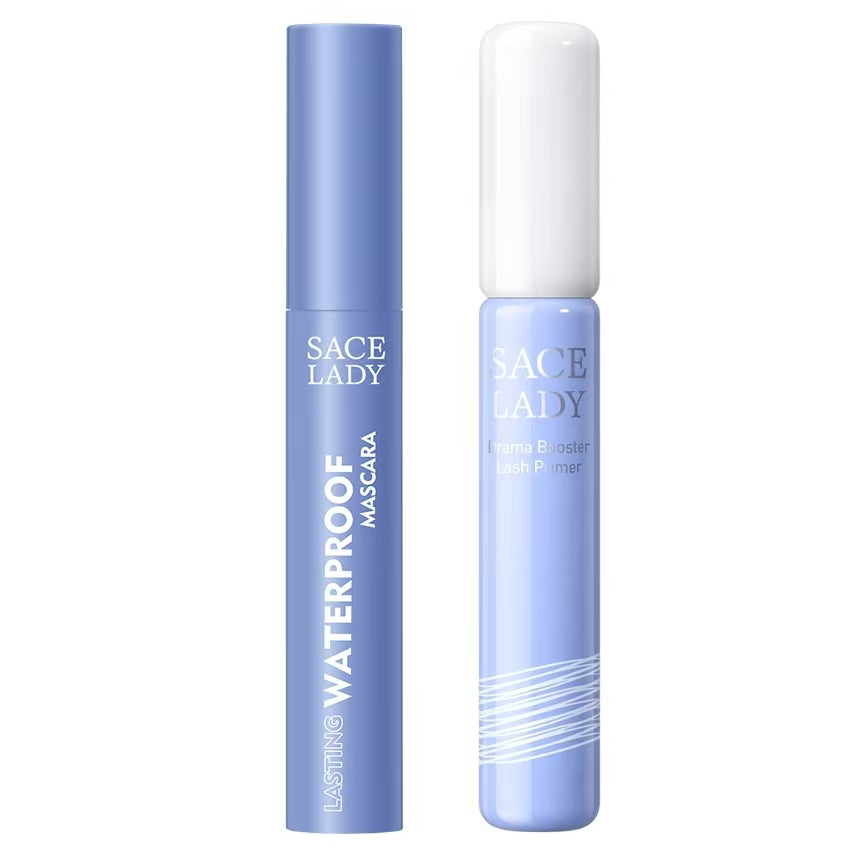 SACE LADY lash primer tube with white cap beside a blue mascara tube