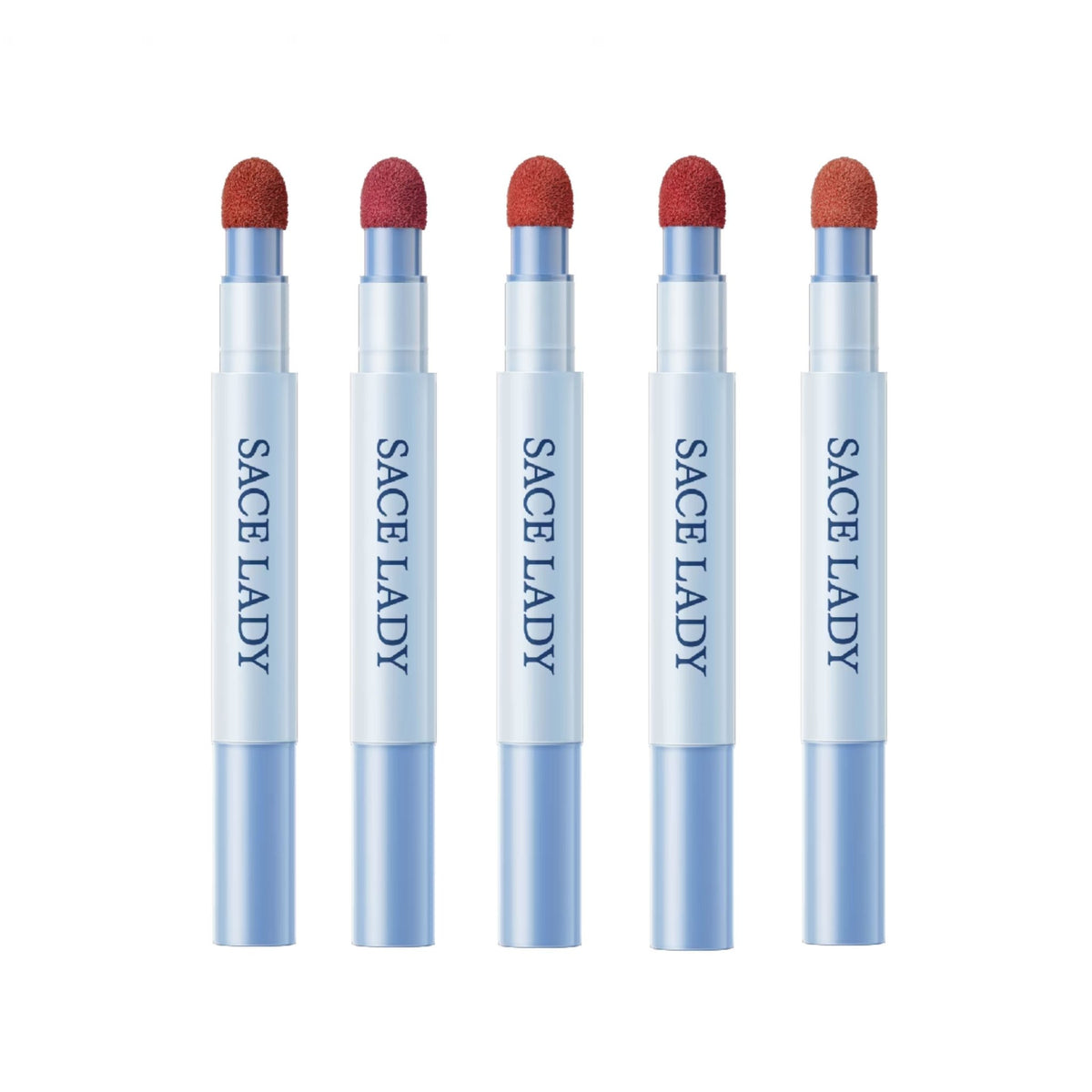 Five SACE LADY lip and cheek cream pens with sponge applicators in different colors