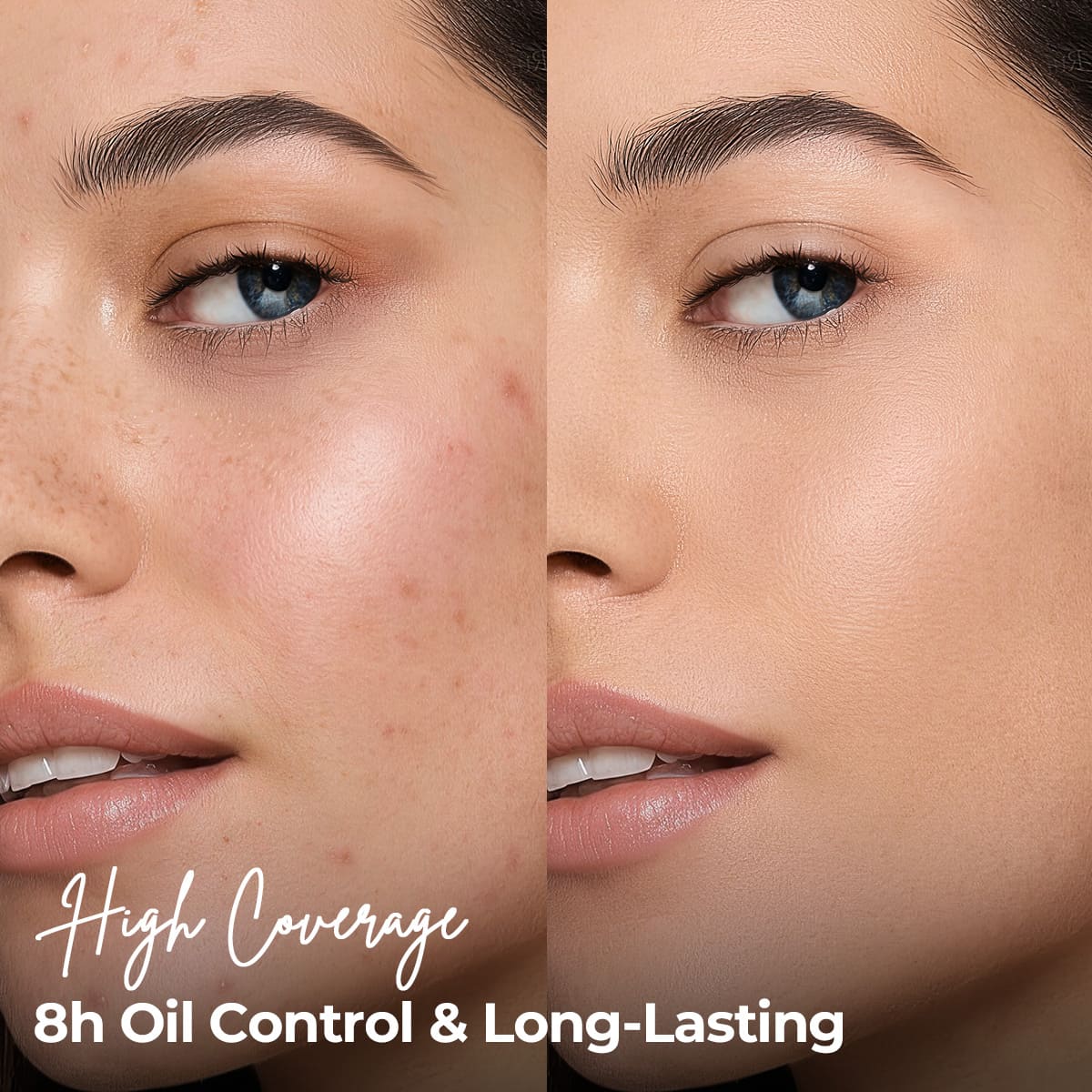 Before and after model showing high-coverage, oil-control BB cushion results