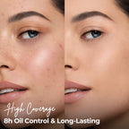 Before and after model showing high-coverage, oil-control BB cushion results