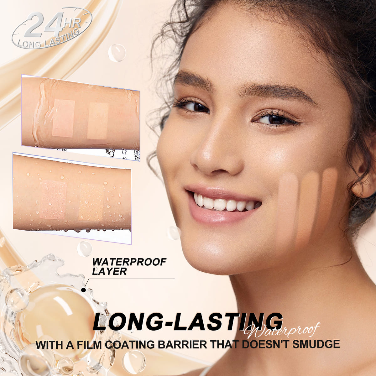 Model with SACE LADY concealer swatches on the cheek beside water and rubbing demonstrations