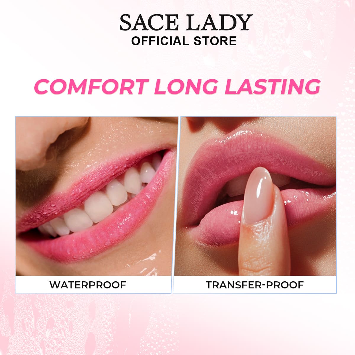 SACE LADY tinted lip balm shown on smiling lips and during a fingertip touch demonstration