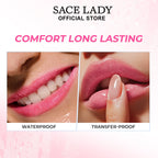 SACE LADY tinted lip balm shown on smiling lips and during a fingertip touch demonstration