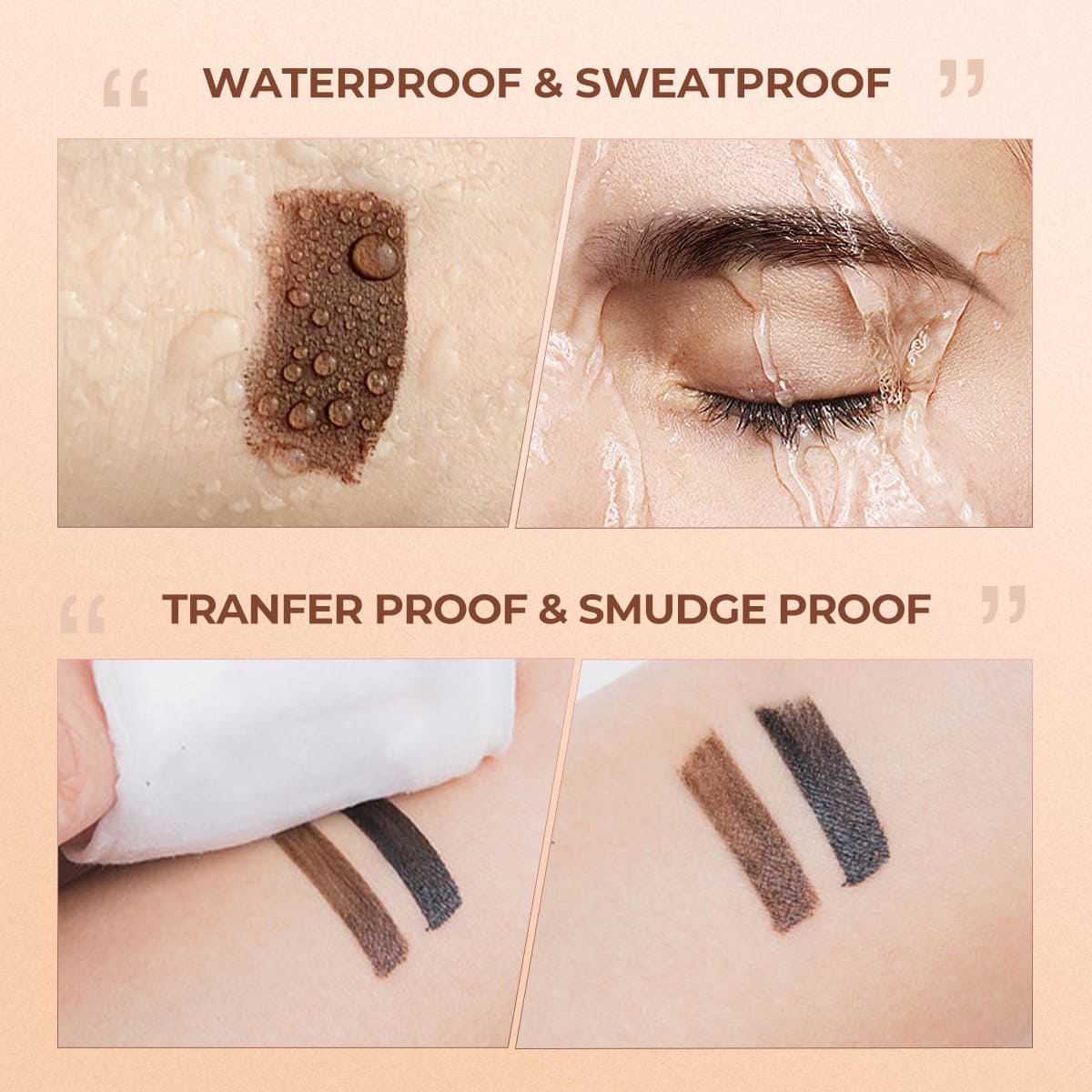SACE LADY eyebrow cream swatches shown with water droplets and a wipe test