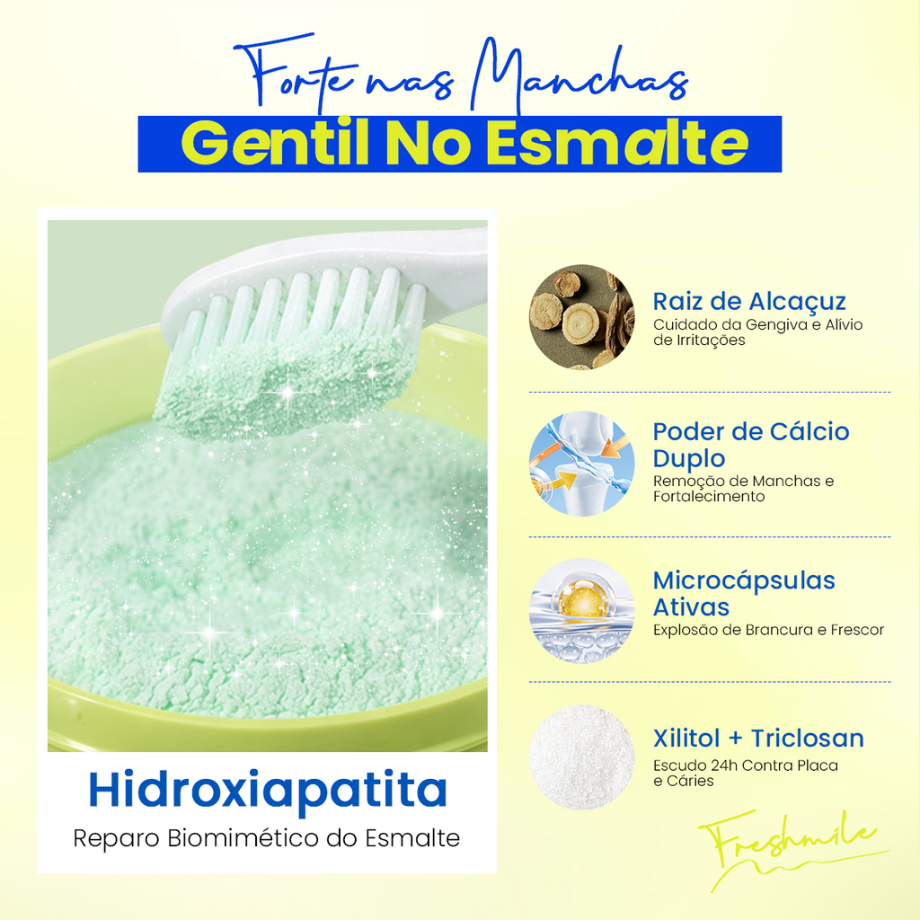 Hot Sale Pó clareador dental Freshmile Sabor menta Contém Hidroxiapatita in Brazil