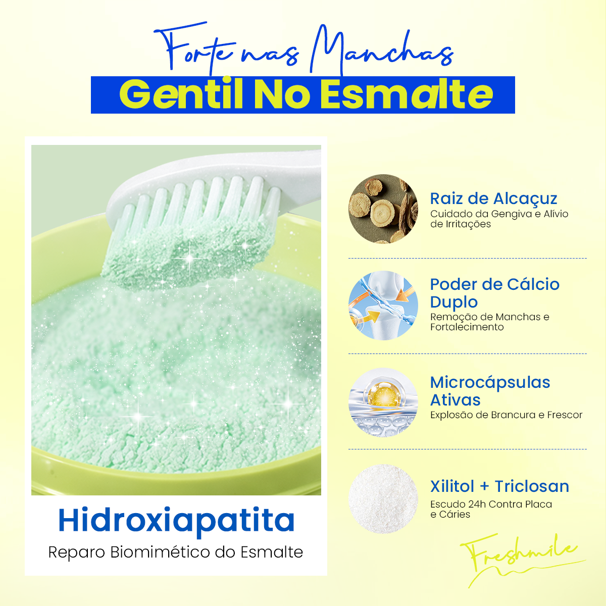 Hot Sale Pó clareador dental Freshmile Sabor menta Contém Hidroxiapatita in Brazil