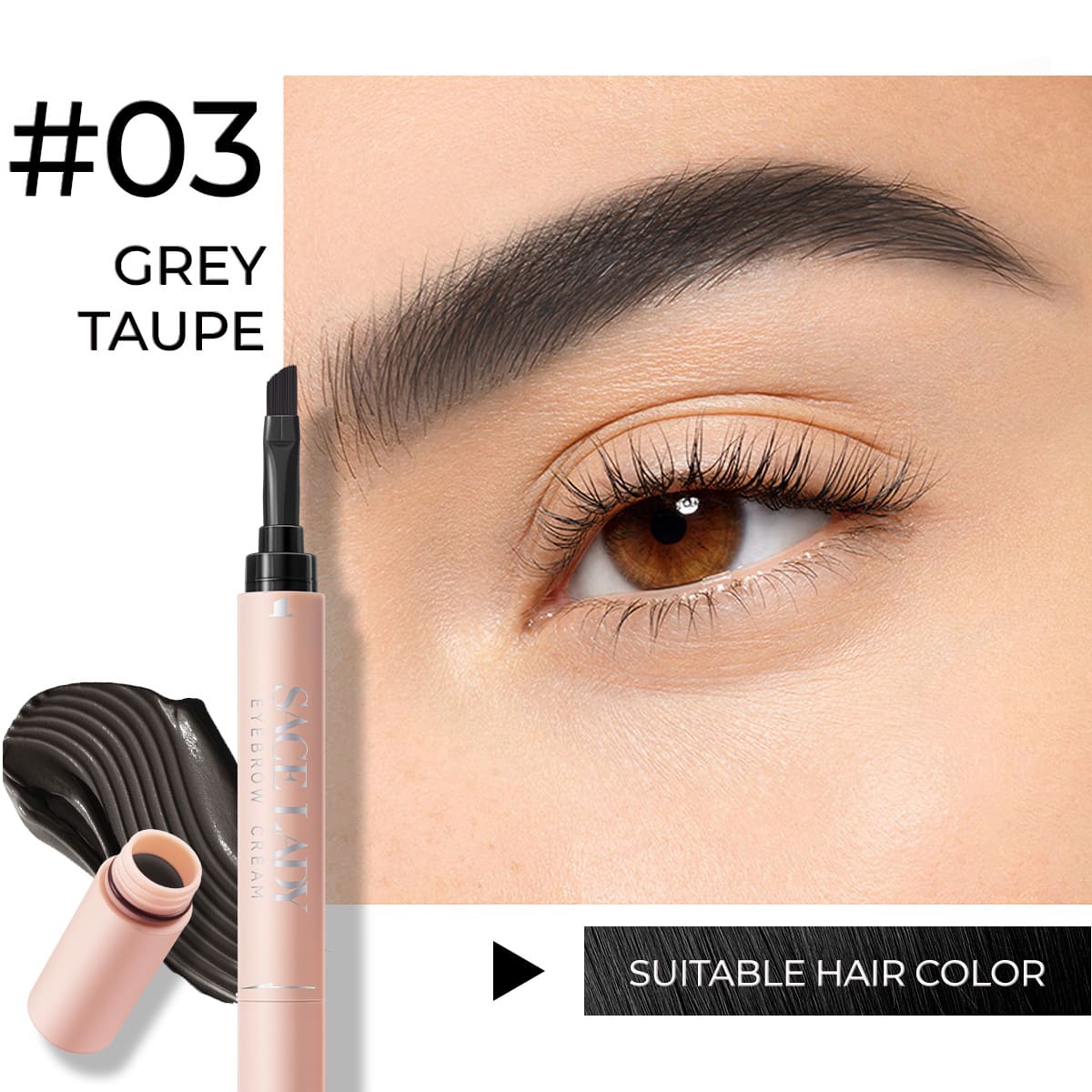 SACE LADY eyebrow cream in 03 Grey Taupe with a brow close-up and hair color guide