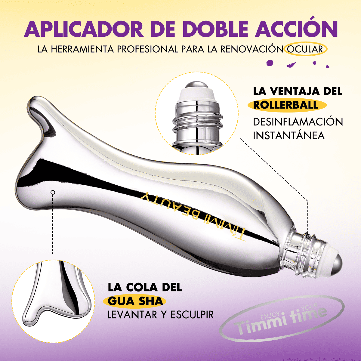 TIMMI Beauty eye serum with dual-action rollerball and gua sha-shaped applicator