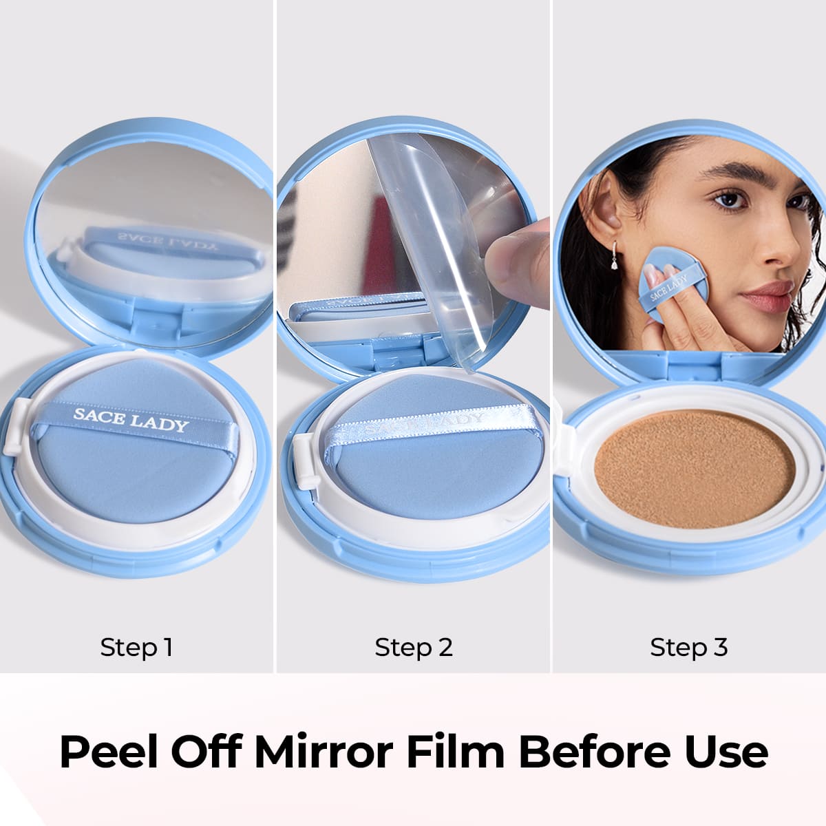 How to use SACE LADY BB Cushion: open compact, peel mirror film and pat onto face