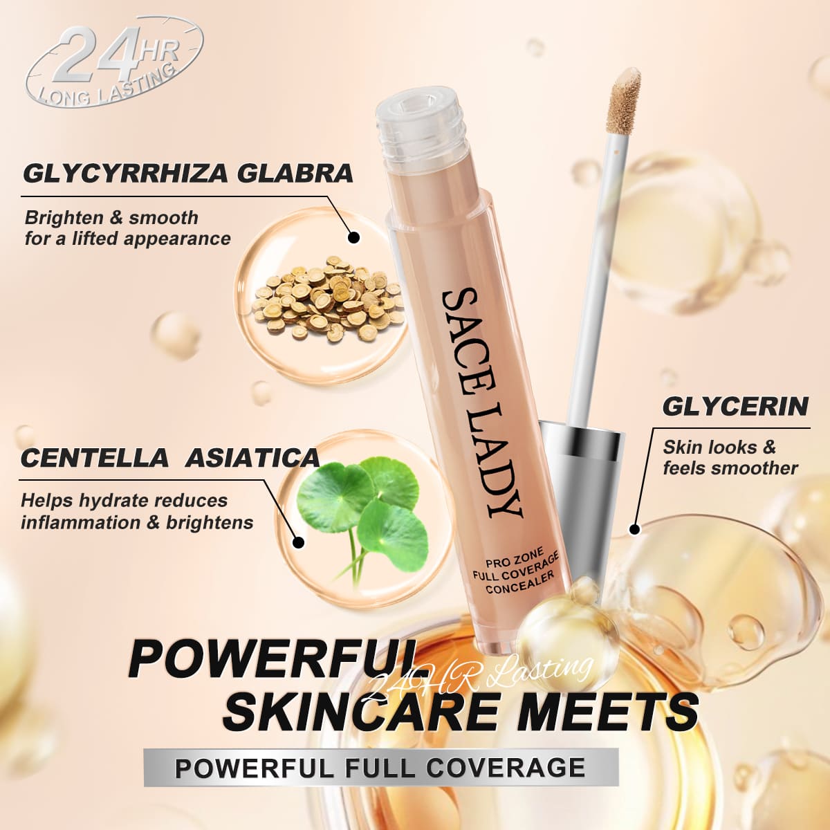SACE LADY 24HR Full Coverage Concealer with an ingredient graphic featuring licorice, centella and glycerin