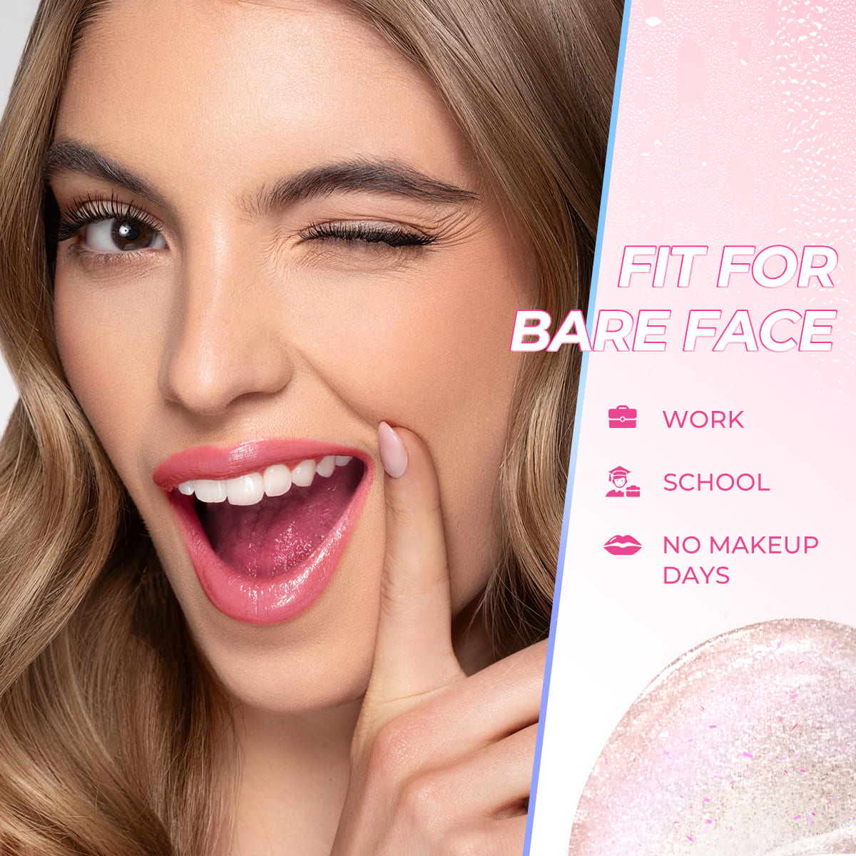 Model wearing glossy pink SACE LADY tinted lip balm with a natural makeup look