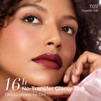 Model wearing SACE LADY Tattoo Glossy Lip Tint in T07 Scarlet Ink