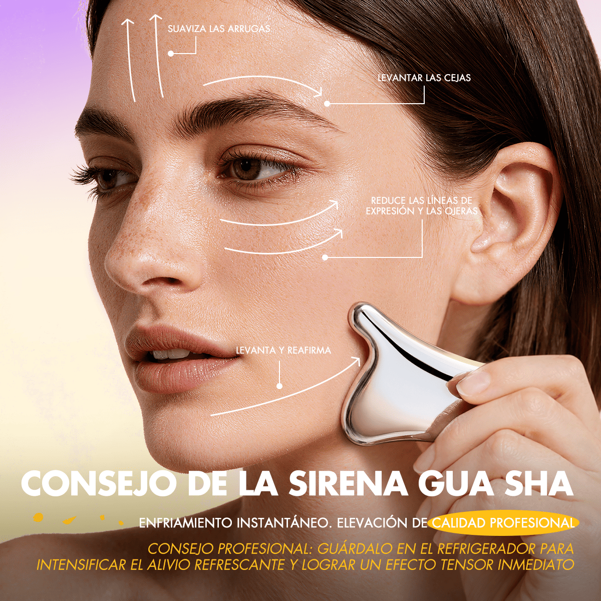 Model using the gua sha-shaped eye serum applicator along facial massage lines