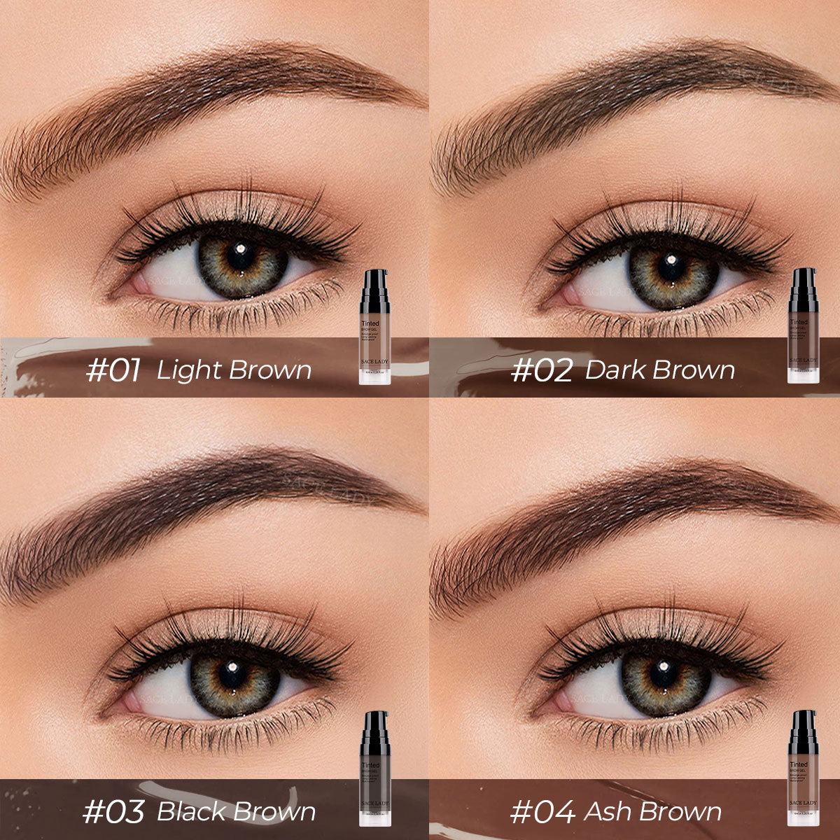 4 shades of SACE LADY 3D Tinted Eyebrow Gel: light brown, dark brown, black brown, ash brown.