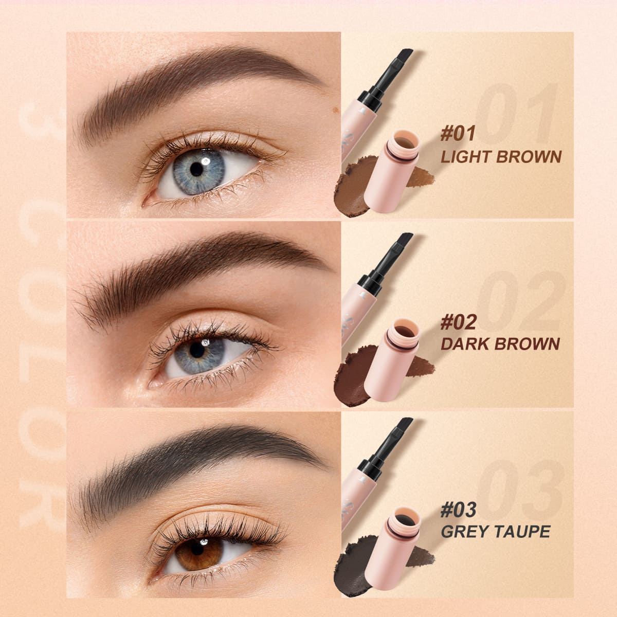 SACE LADY eyebrow cream shade chart with Light Brown, Dark Brown and Grey Taupe brow looks