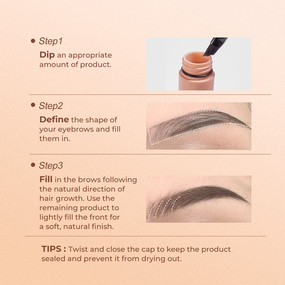 SACE LADY eyebrow cream guide showing how to load the brush, outline the brow and fill sparse areas