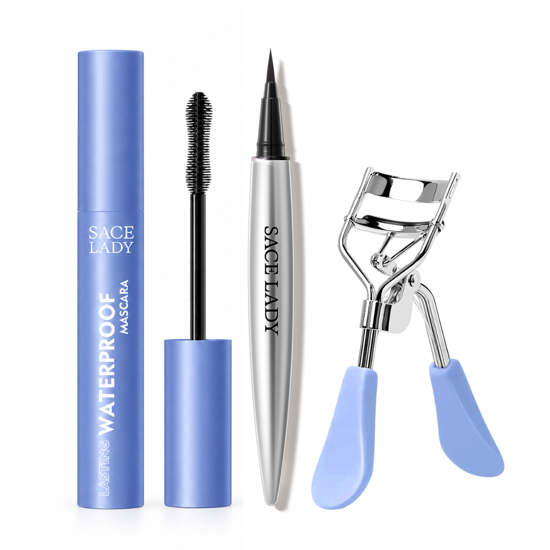 SACE LADY eye makeup set with blue mascara, silver eyeliner pen and blue-handled eyelash curler