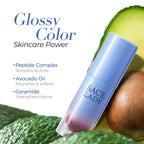 SACE LADY Tattoo Glossy Lip Tint tube beside avocado with an ingredient information graphic