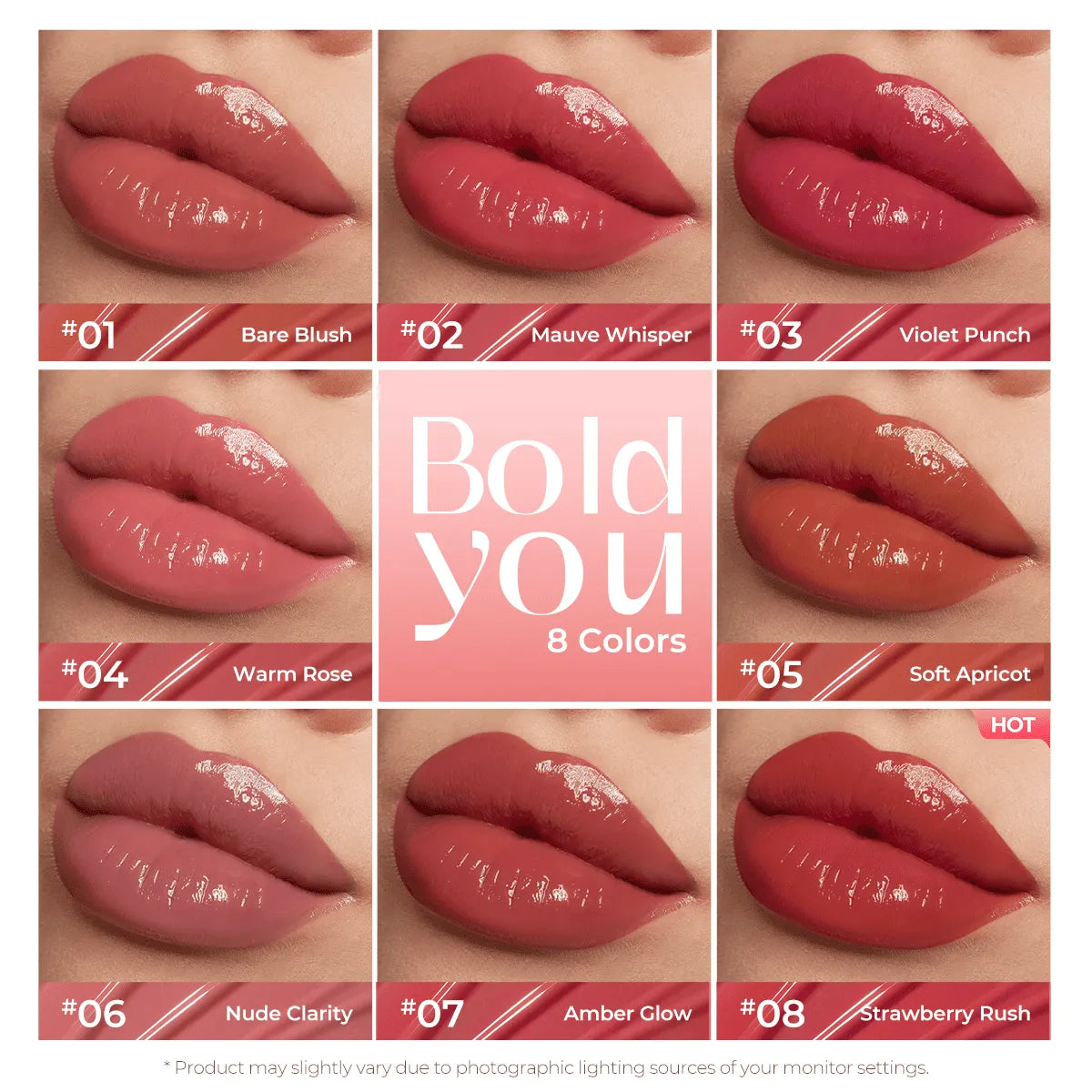 SACE LADY Bold You Serum Glossy Lipstick chart with eight high-shine shades