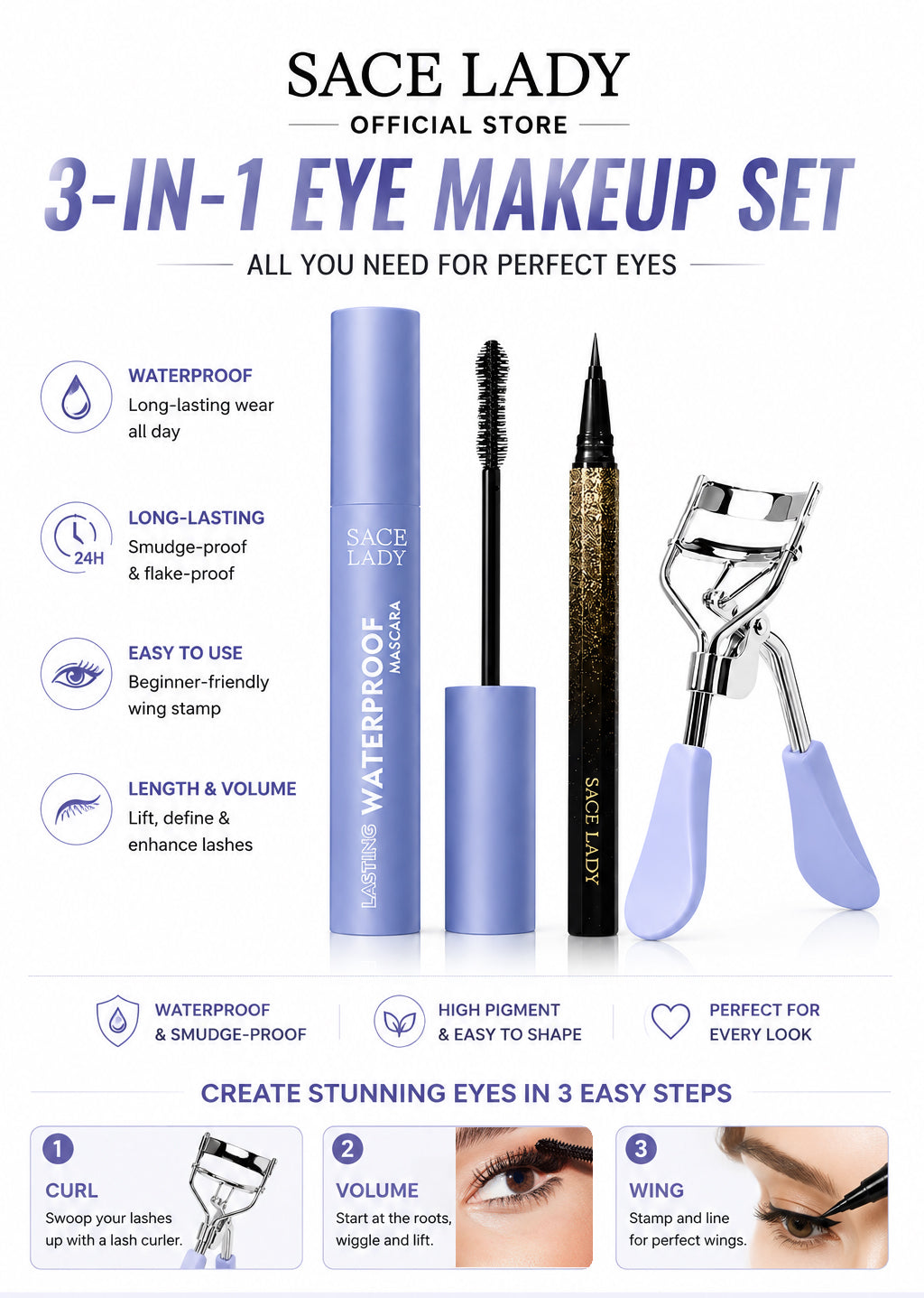 Waterproof Mascara + Eyeliner + Eyelash Curler Eye Makeup Set A+ Image
