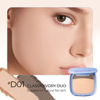 SACE LADY face powder duo in D01 Classic Ivory with compact, powder swatches and model