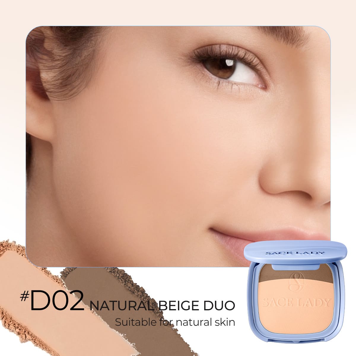 SACE LADY face powder duo in D02 Natural Beige with compact, powder swatches and model
