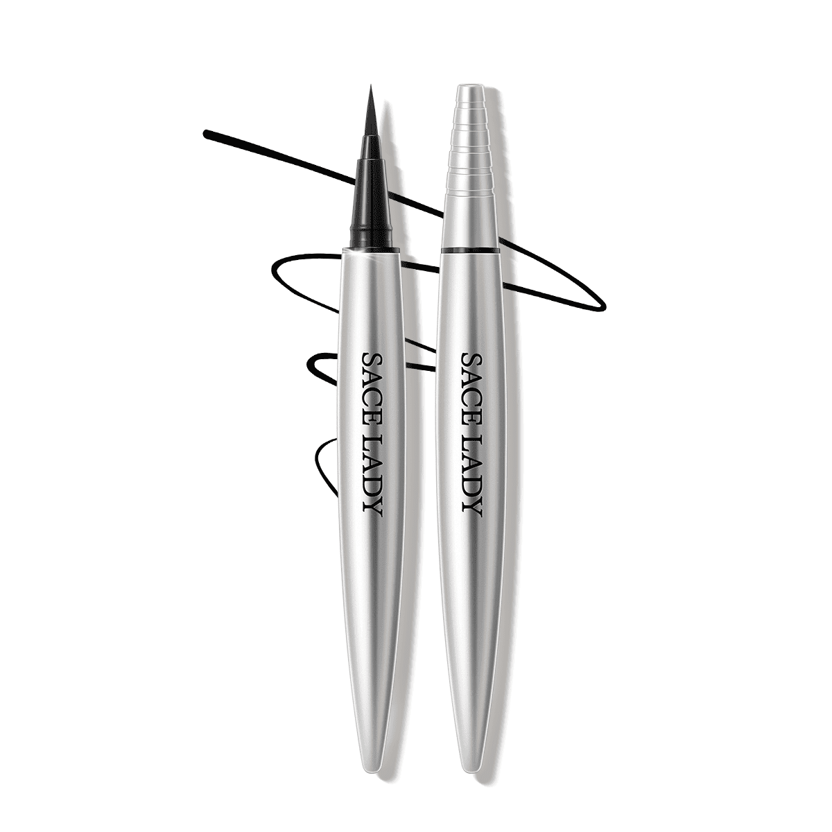 SACE LADY Lasting Waterproof Eyeliner in silver packaging with pointed tip and black line swatches